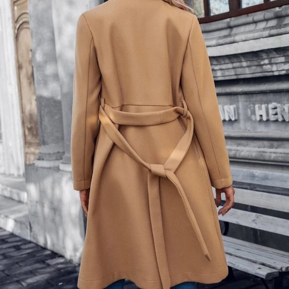 double button lapel neck belted coat camel - Picture 6 of 6